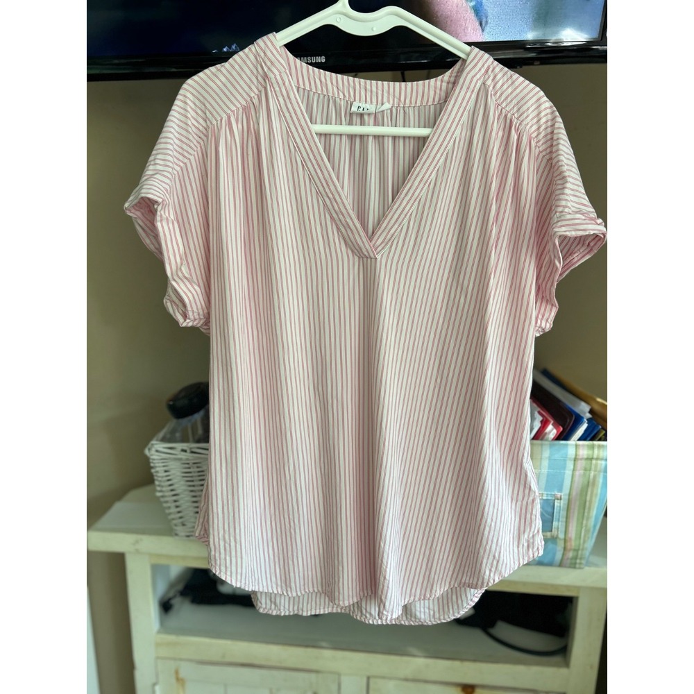 Gap Pink Stripe Blouse Women's Large V Neck Short Sleeve Casual Top